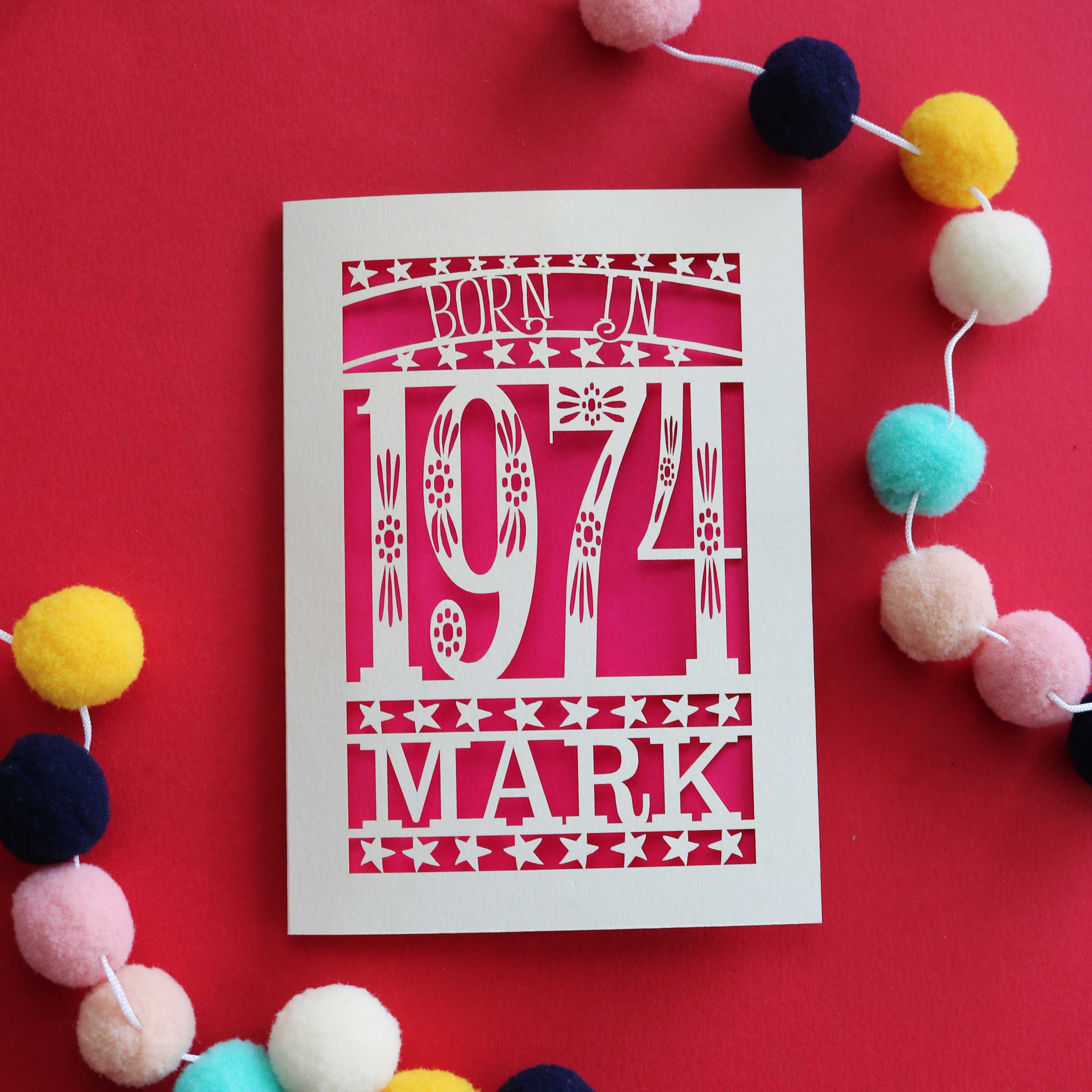 A cut out 50th birthday card for people born in 1974