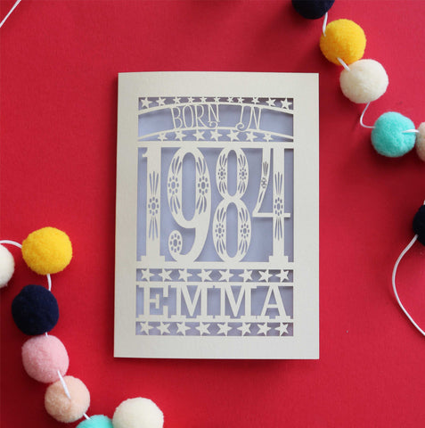 A laser cut personalised birthday card for people born in 1984 - A6 (small) / Lilac