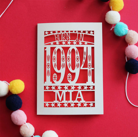 A personalised laser cut 30th birthday card for people born in 1994