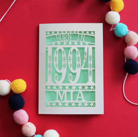 A paper cut "Born in 1994" card for 30th birthdays - A6 (small) / Light Green