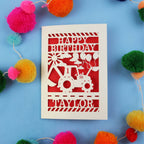 Personalised 1st Birthday card with a tractor design and 'Happy Birthday Taylor' text on a blue background with colourful pom-poms.
