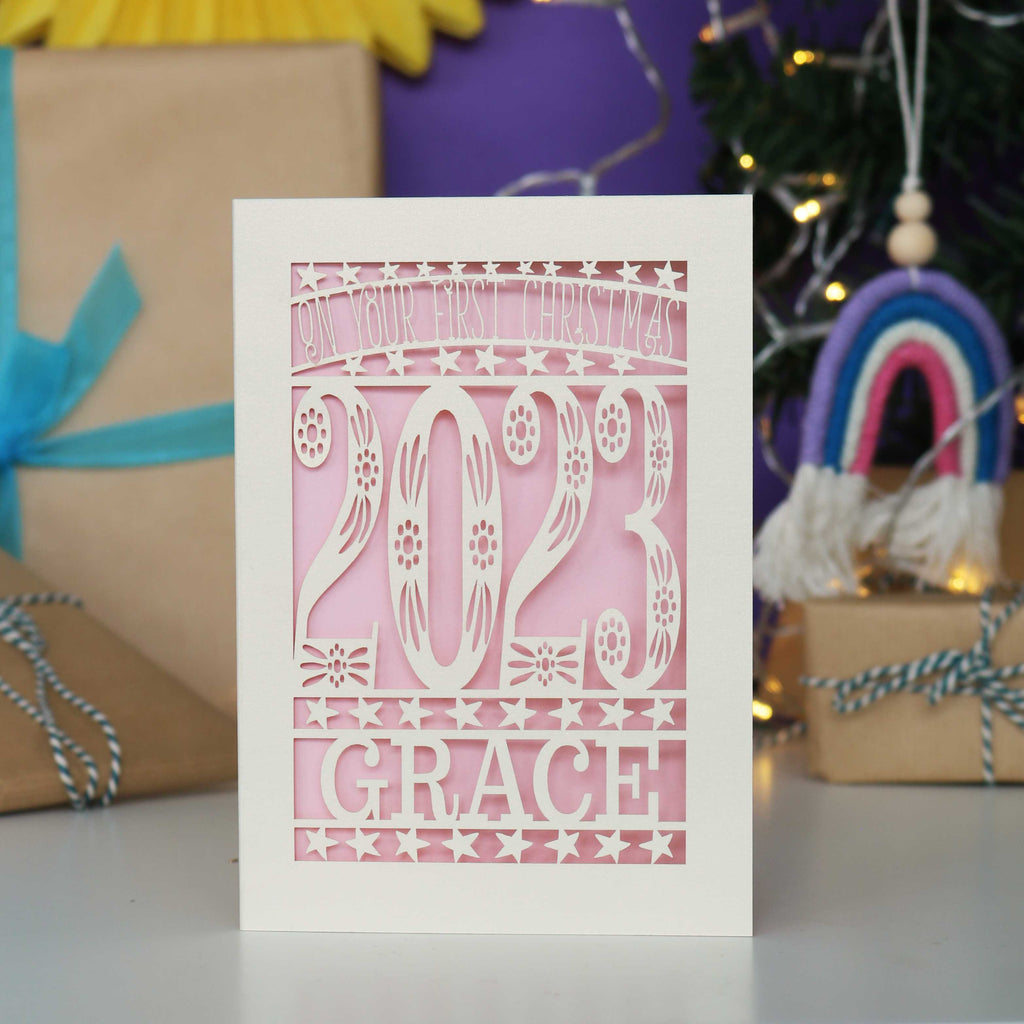 Pretty cream cards with a pale pink background. Lovely for a babies 1st Christmas.