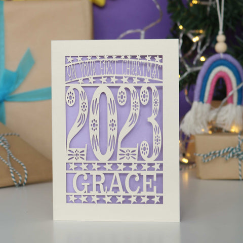 Personalised papercut cream card with lilac insert. Great for baby's 1st Christmas. - A5 / Lilac