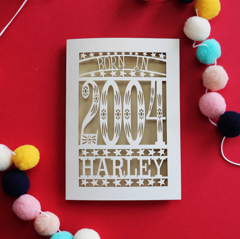 A laser cut 20th birthday card personalised for people born in 2004 - A6 (small) / Gold Leaf