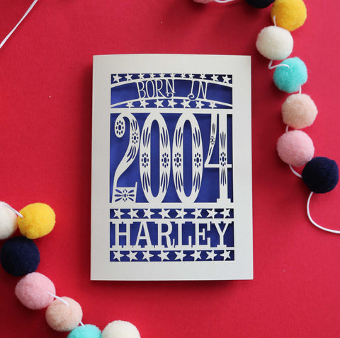 A personalised cut out 20th birthday card for people born in 2004 - A6 (small) / Infra Violet