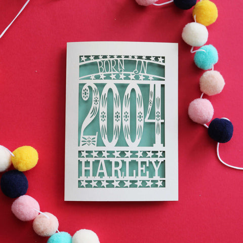 A personalised laser cut birthday card with "Born in 2004" and a name - A6 (small) / Sage