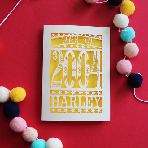 A laser cut 20th birthday card for people born in 2004 - A6 (small) / Sunshine Yellow