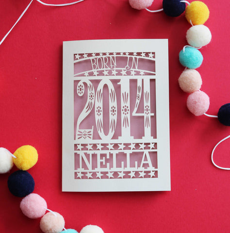 A laser cut 10th birthday card, personalised with a name and the words, "Born in 2014" - A6 (small) / Dusky Pink