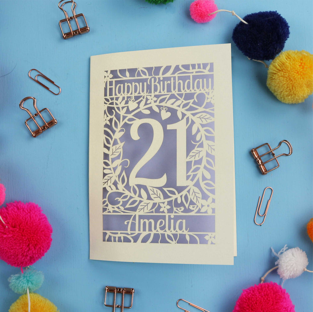 A Laser Cut 21st Birthday card with 'Happy Birthday' and age '21' on a blue background with decorative items.