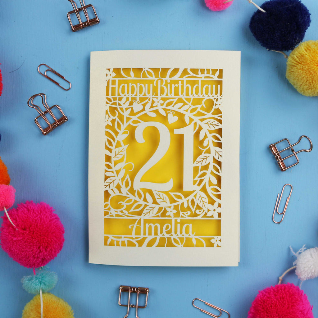 A Laser Cut 21st Birthday card with 'Happy Birthday' and age '21' on a blue background with decorative items.