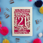 A Laser Cut 21st Birthday card with 'Happy Birthday' and age '21' on a blue background with decorative items.