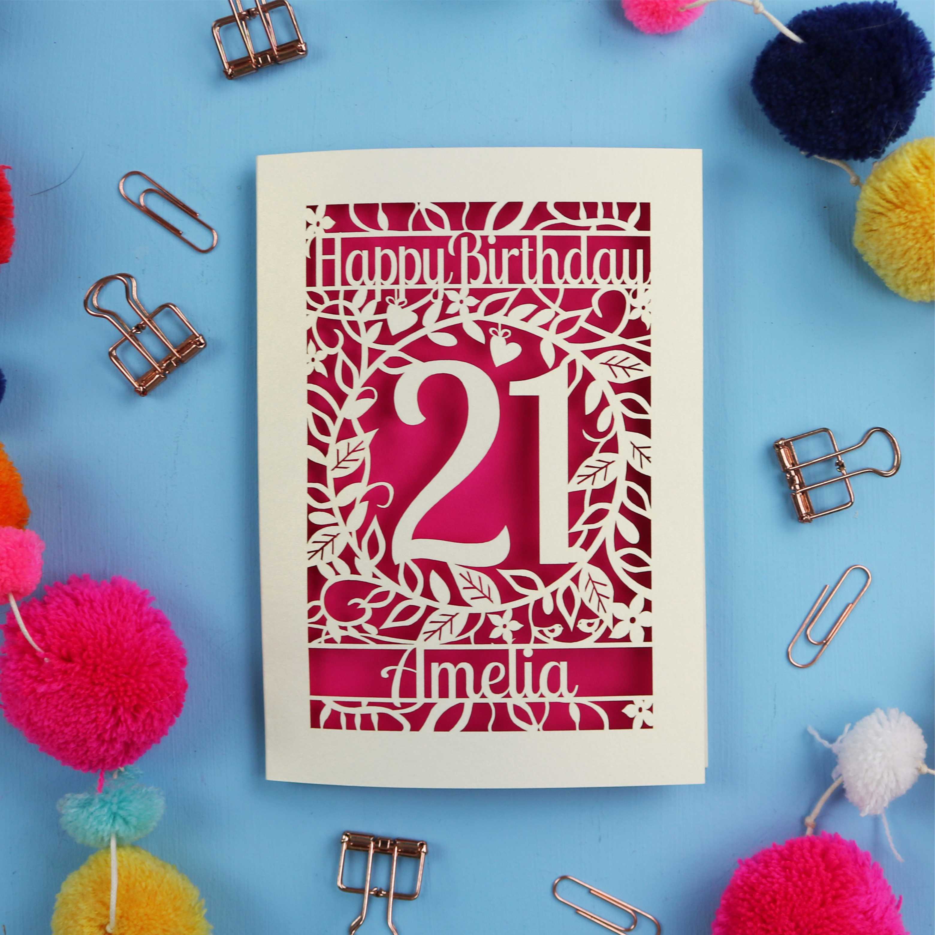 A Laser Cut 21st Birthday card with 'Happy Birthday' and age '21' on a blue background with decorative items.