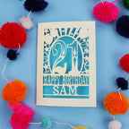 Personalized 21st birthday card with colourful pom-poms on a blue background