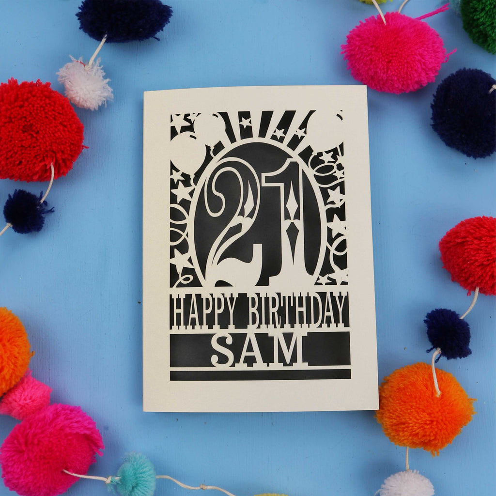 Personalized 21st birthday card with colourful pom-poms on a blue background