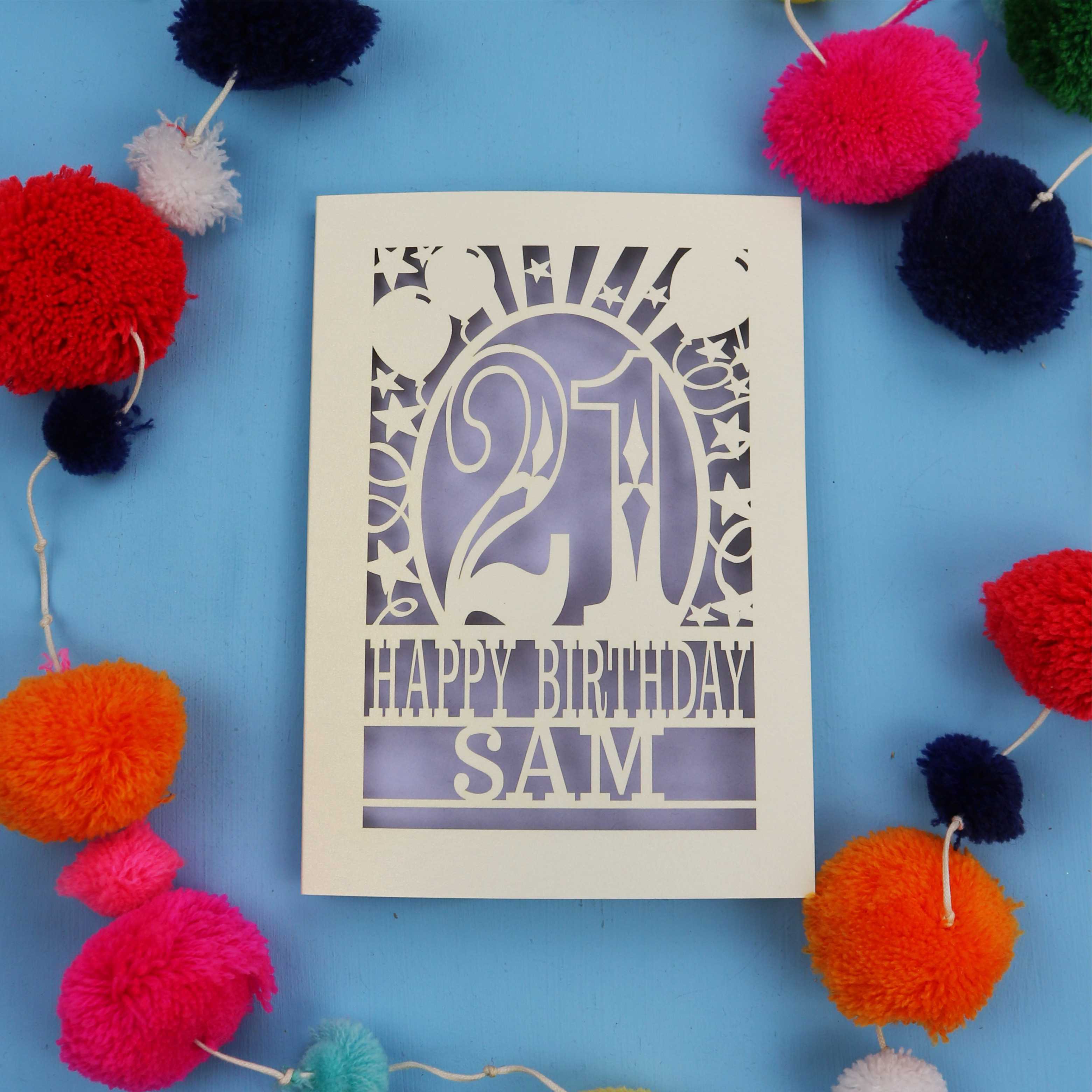 Personalized 21st birthday card with colourful pom-poms on a blue background