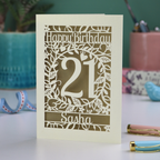 21st Birthday card with 'Happy Birthday Sasha' on a laser cut floral background