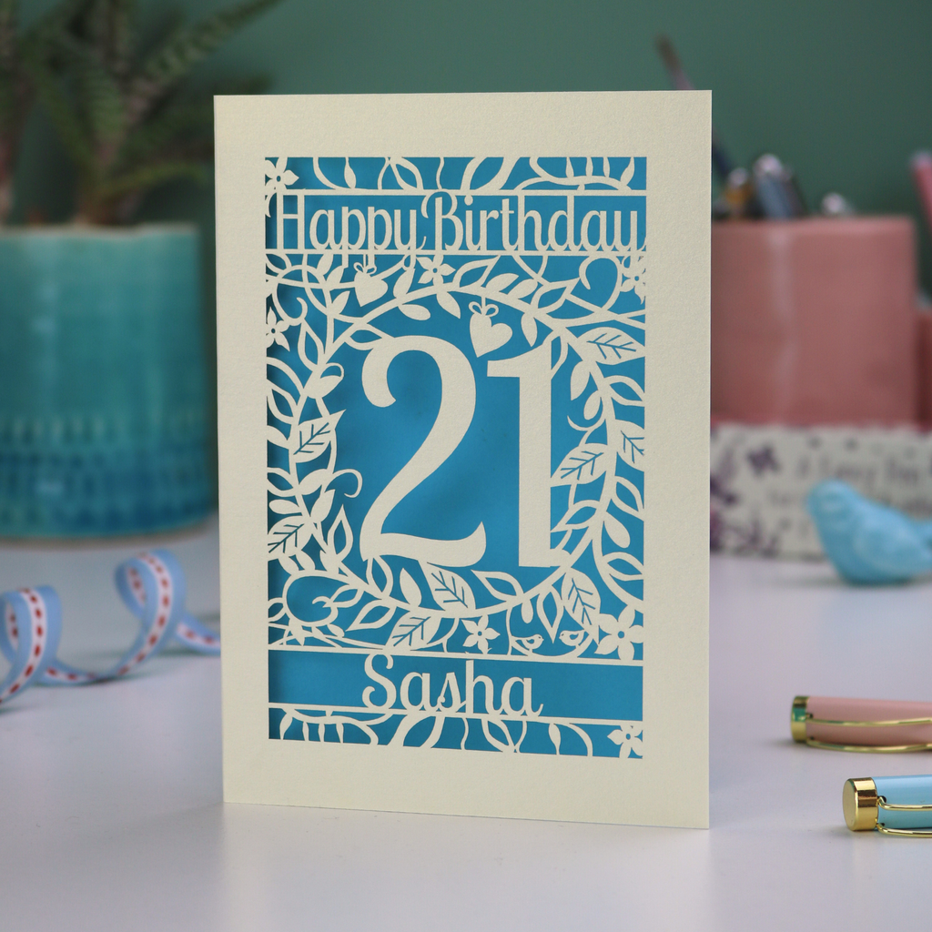 21st Birthday card with 'Happy Birthday Sasha' on a laser cut floral background