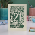 21st Birthday card with 'Happy Birthday Sasha' on a laser cut floral background