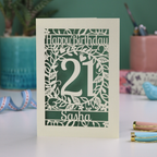 21st Birthday card with 'Happy Birthday Sasha' on a laser cut floral background