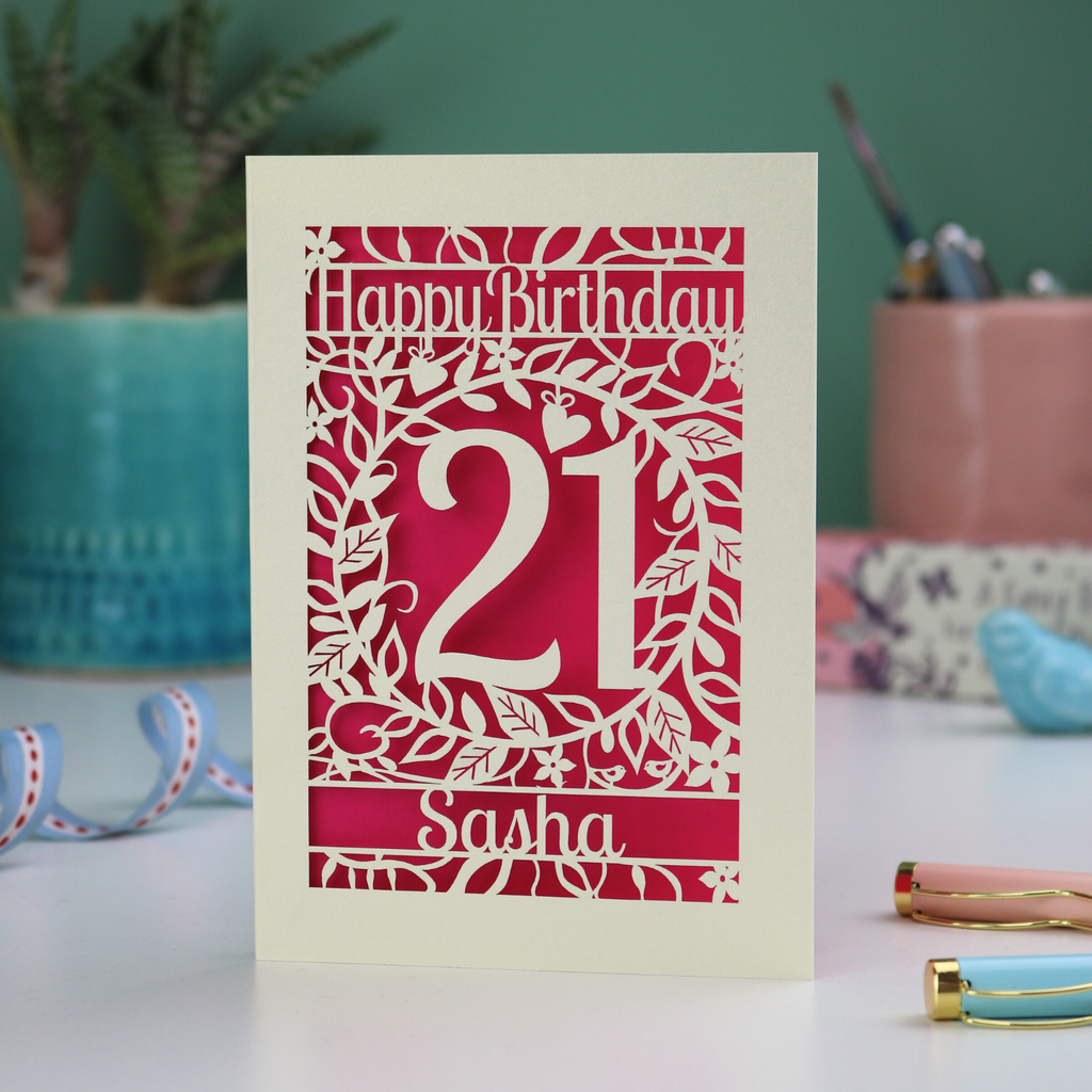 21st Birthday card with 'Happy Birthday Sasha' on a laser cut floral background