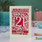 21st Birthday card with 'Happy Birthday Sasha' on a laser cut floral background