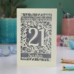 21st Birthday card with 'Happy Birthday Sasha' on a laser cut floral background