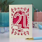 21st Birthday Card with '21' design on a desk with stationery items
