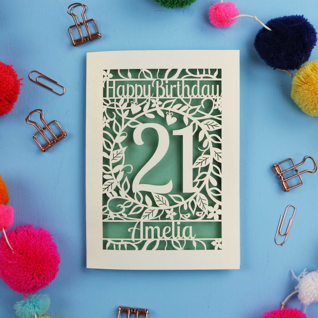 A Laser Cut 21st Birthday card with 'Happy Birthday' and age '21' on a blue background with decorative items.