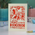 A laser cut 21st birthday card, personalised with the name "Rosie", with the number 21 in the centre and woodland theme design