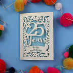 25th Wedding Anniversary Card with '25 Years' and 'Kelly and Ryan' text on a blue background with colourful pom-poms.