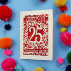 25th wedding anniversary Card with '25 amazing years' text on a blue background with colourful pom-poms.