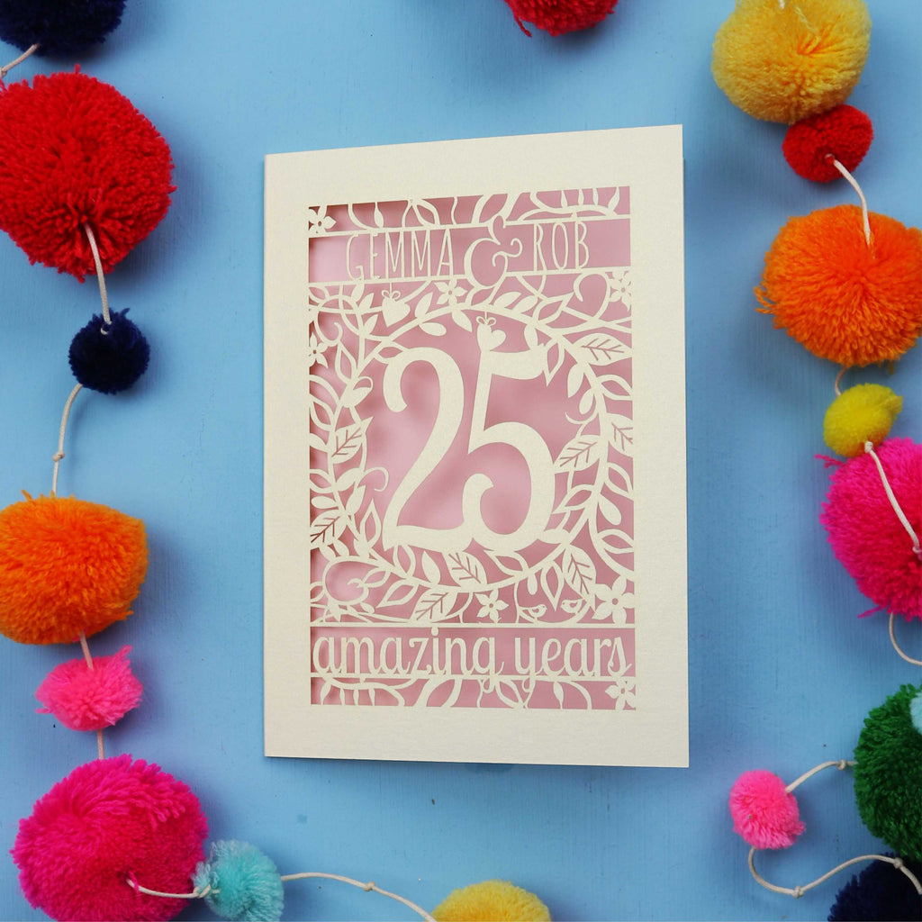 Silver wedding anniversary Card with '25 amazing years' text on a blue background with colourful pom-poms.