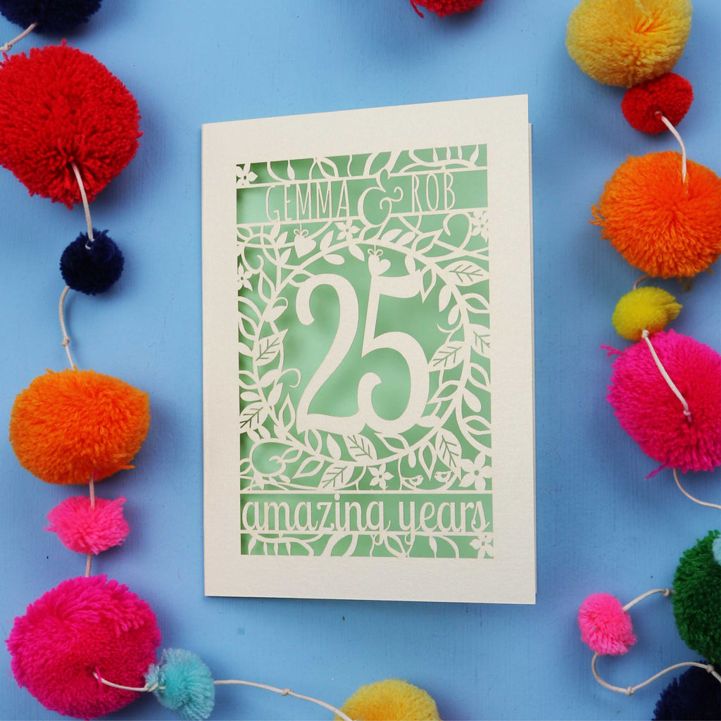 Silver anniversary Card with '25 amazing years' text on a blue background with colourful pom-poms.