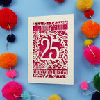 Silver wedding anniversary Card with '25 amazing years' text on a blue background with colourful pom-poms.