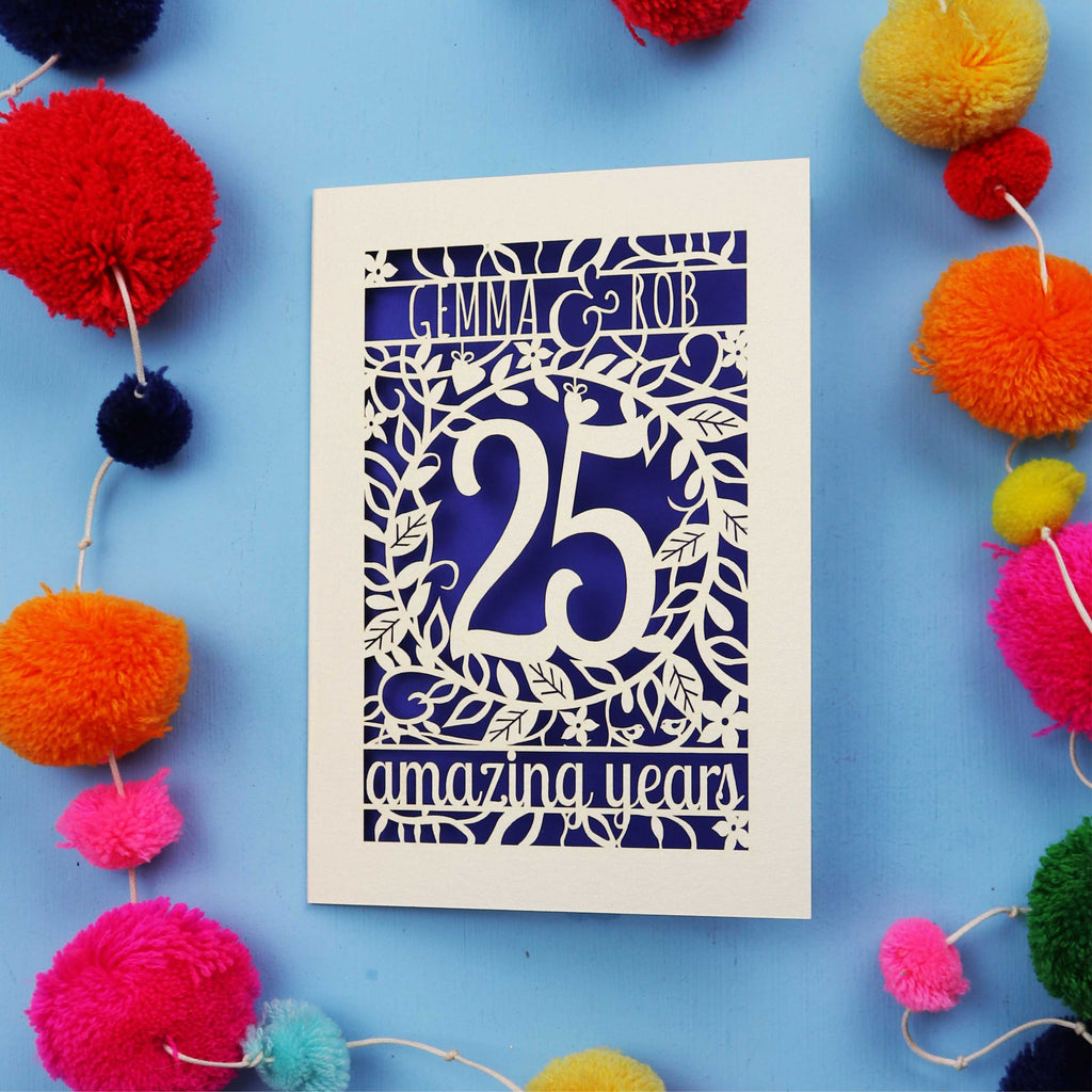Silver wedding anniversary Card with '25 amazing years' text on a blue background with colourful pom-poms.