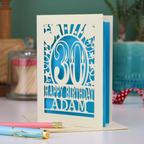 A personalised 30th birthday card with laser cut 30 design and text "Happy Birthday Adam"