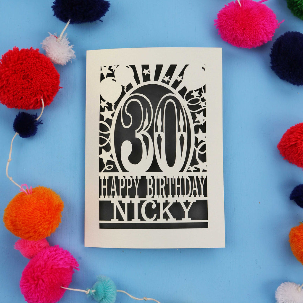 30th Birthday card with 'Happy Birthday Nicky' on a blue background with colourful pom-poms.