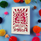 Decorative 30th birthday card with colourful pom-poms on a blue background