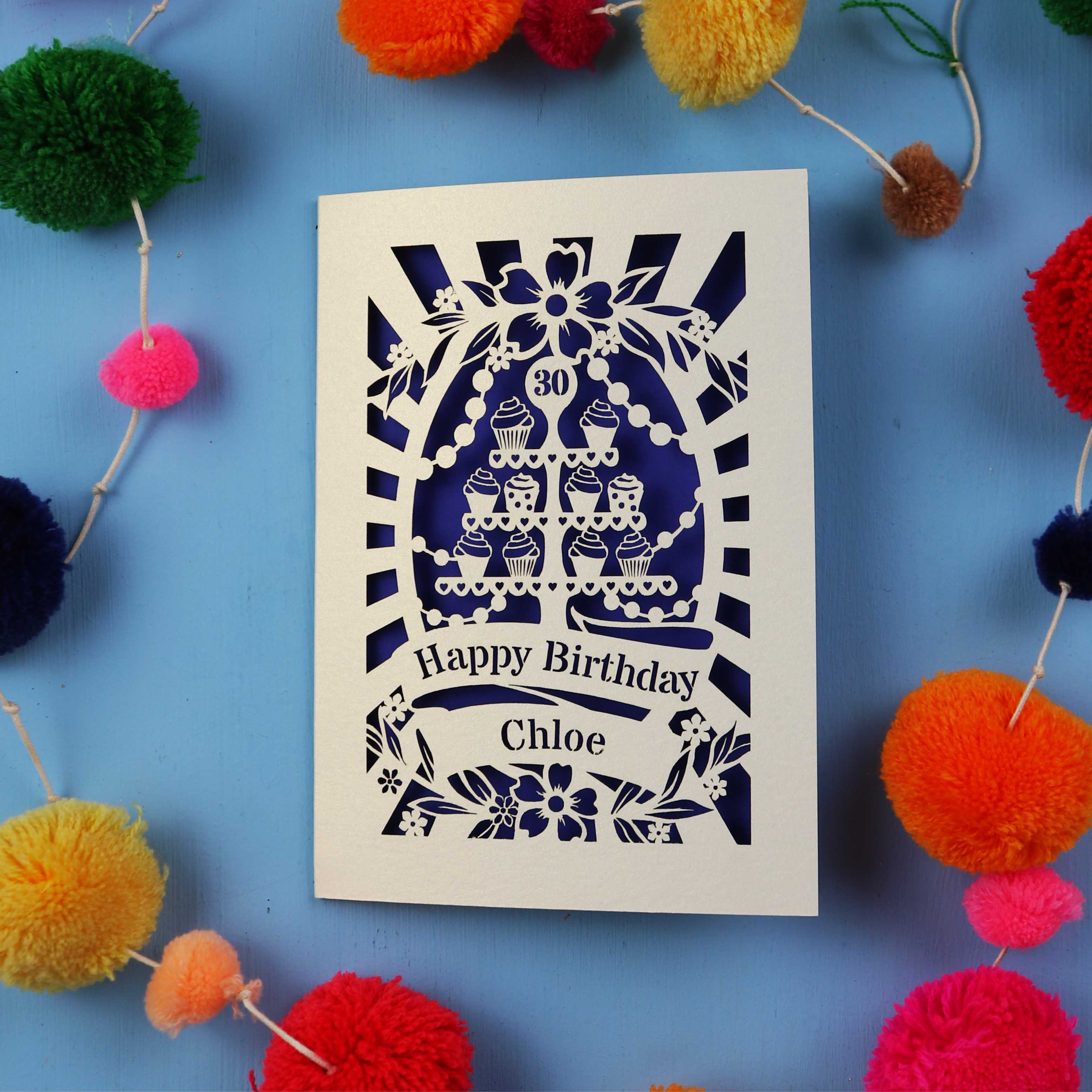 Birthday card with decorative elements on a blue background