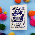 30th Birthday Card with '30 James' design on a blue background with colourful pom-poms.