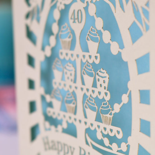 Laser-cut birthday card with cupcake design and number 40 on a blue background