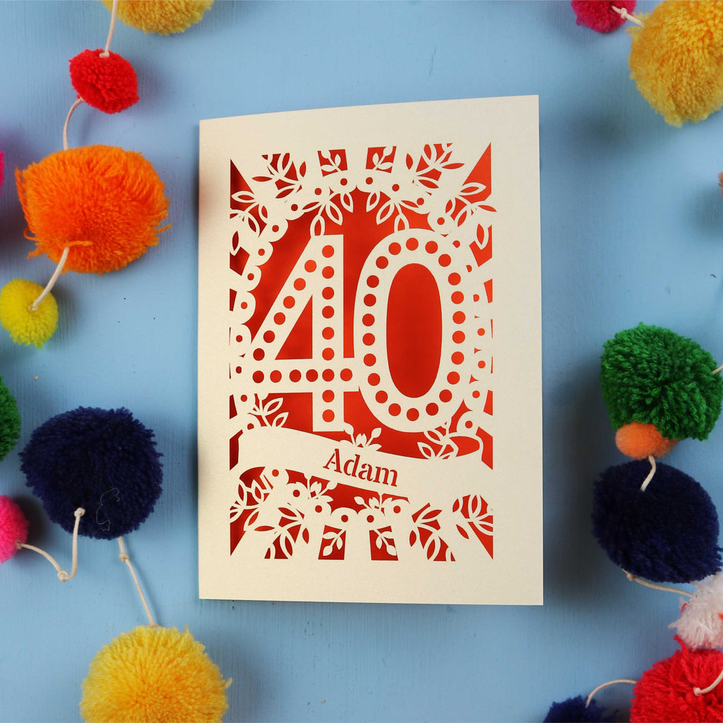 Laser cut 40th Birthday Card with '40' design on a blue background with colourful pom-poms