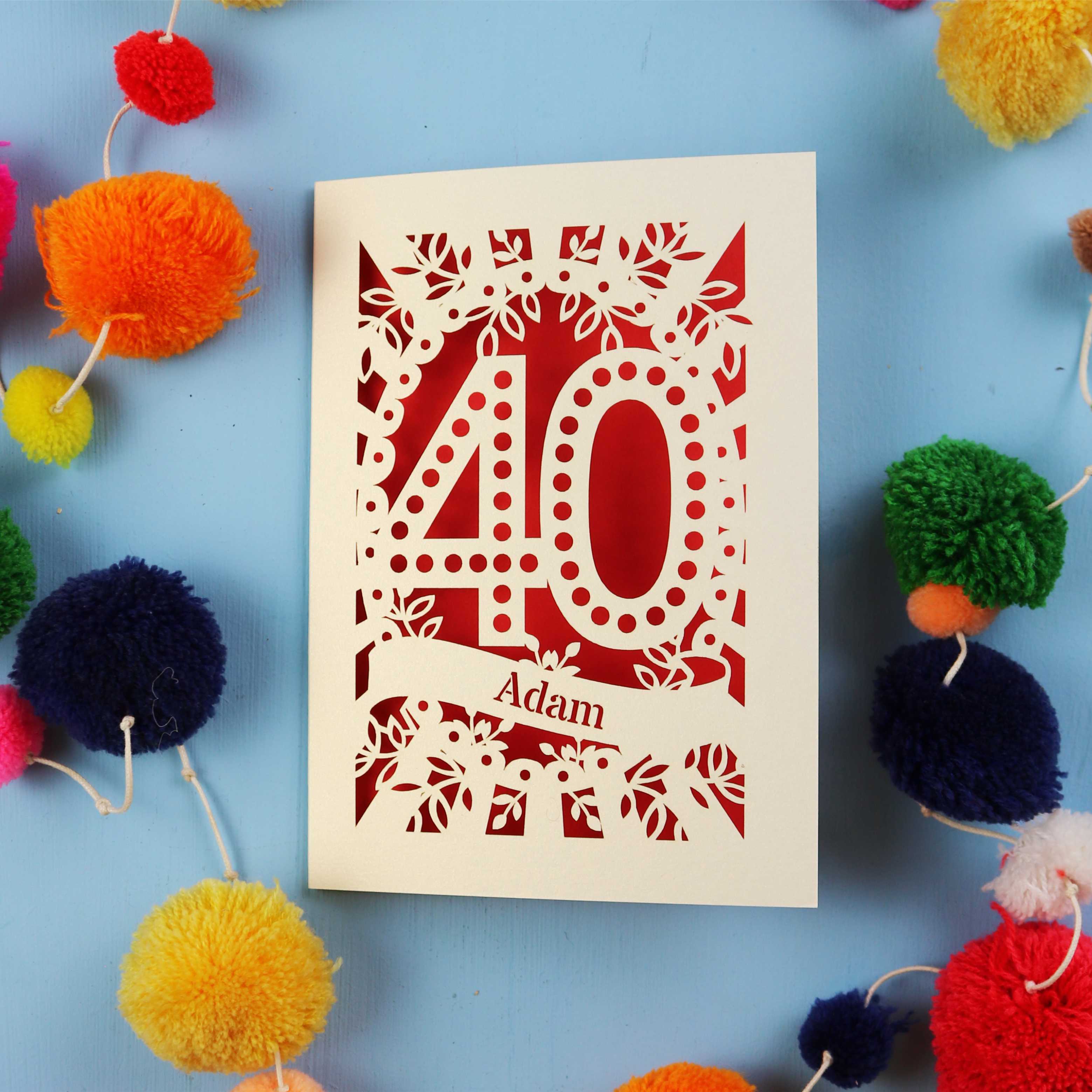 Laser cut 40th Birthday Card with '40' design on a blue background with colourful pom-poms