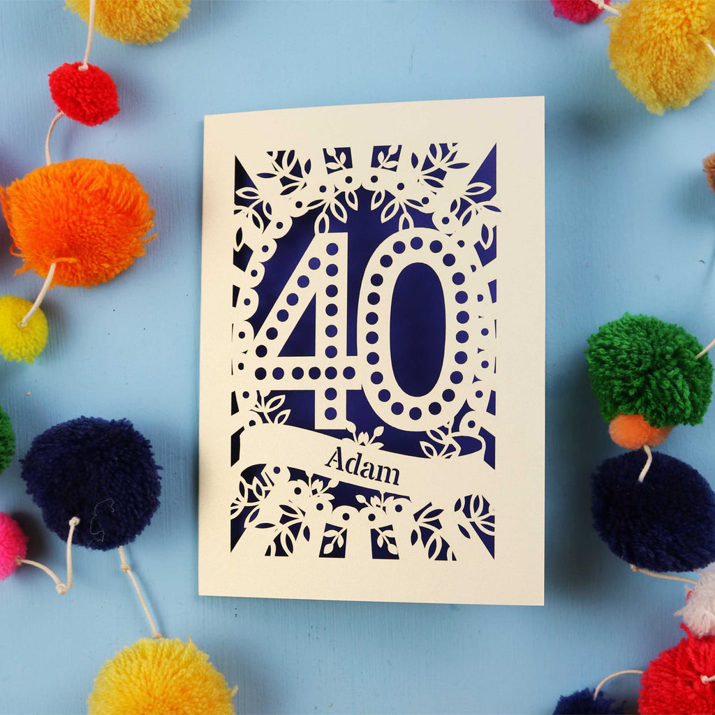 Laser cut 40th Birthday Card with '40' design on a blue background with colourful pom-poms