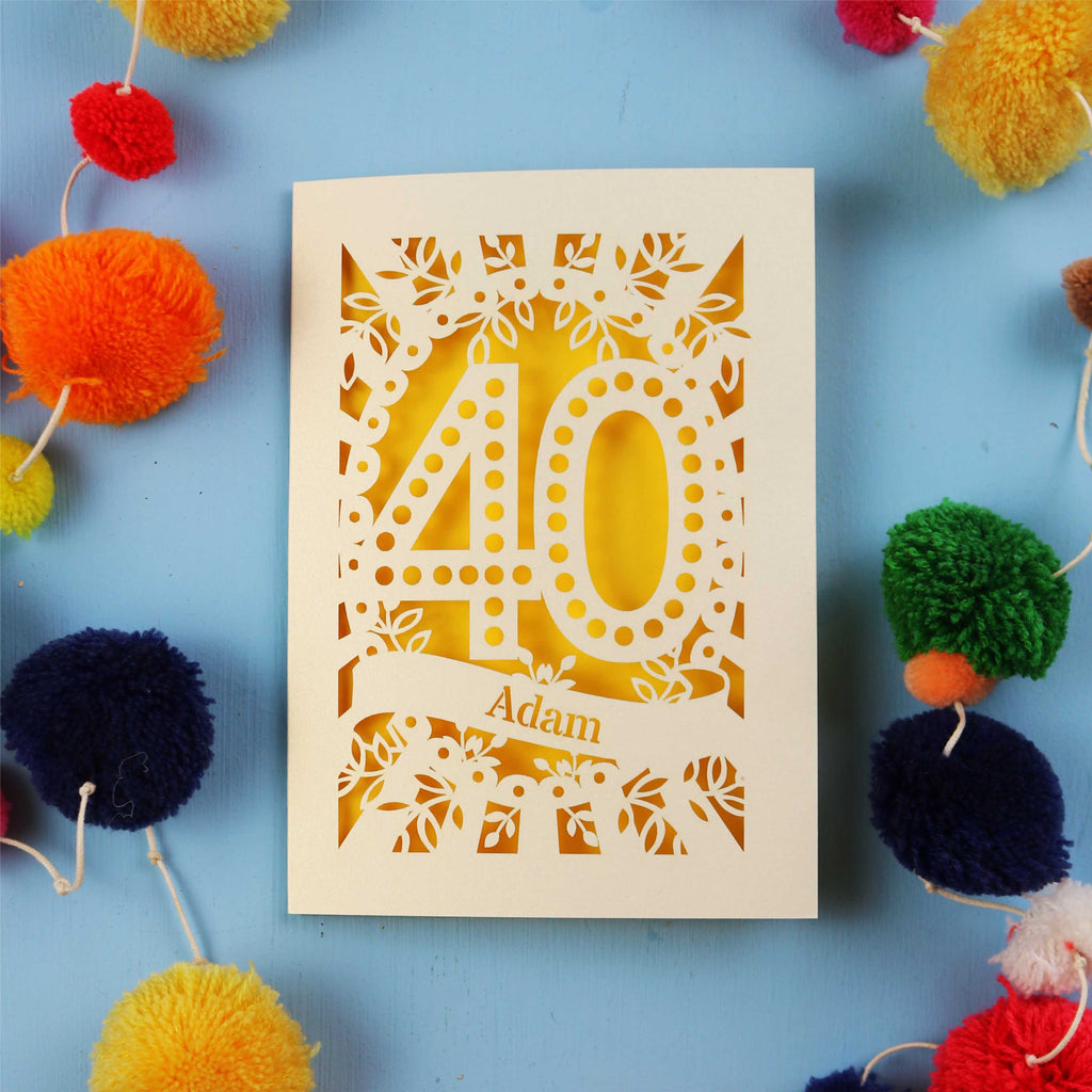 Laser cut 40th Birthday Card with '40' design on a blue background with colourful pom-poms