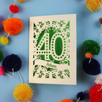 Laser cut 40th Birthday Card with '40' design on a blue background with colourful pom-poms