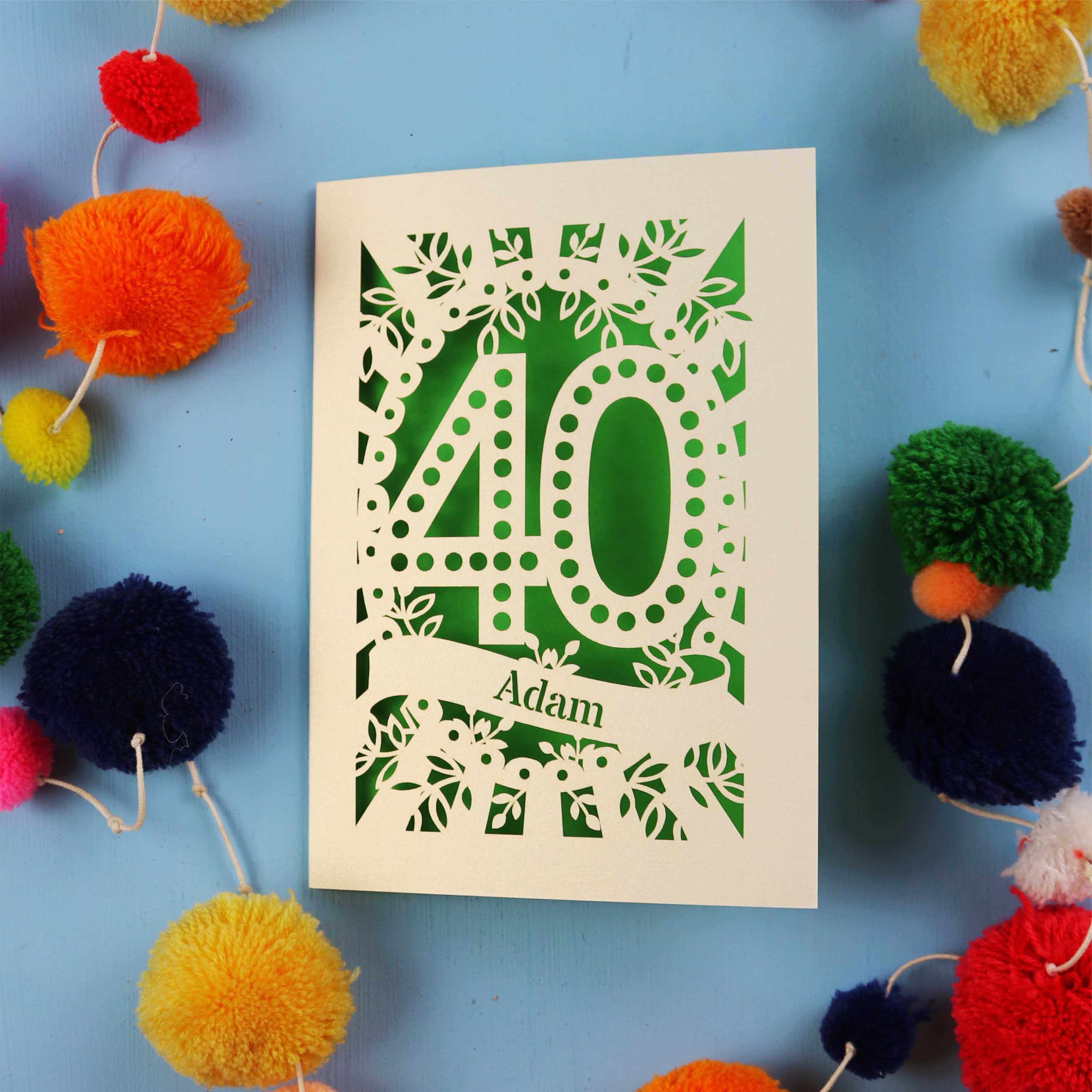 Laser cut 40th Birthday Card with '40' design on a blue background with colourful pom-poms