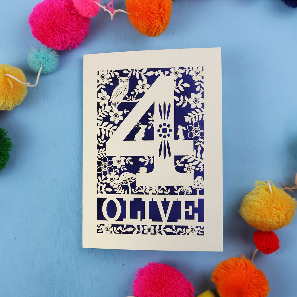 Woodland themed personalised birthday card with number '4' and 'OLIVE' text on a blue background with colourful pom-poms.