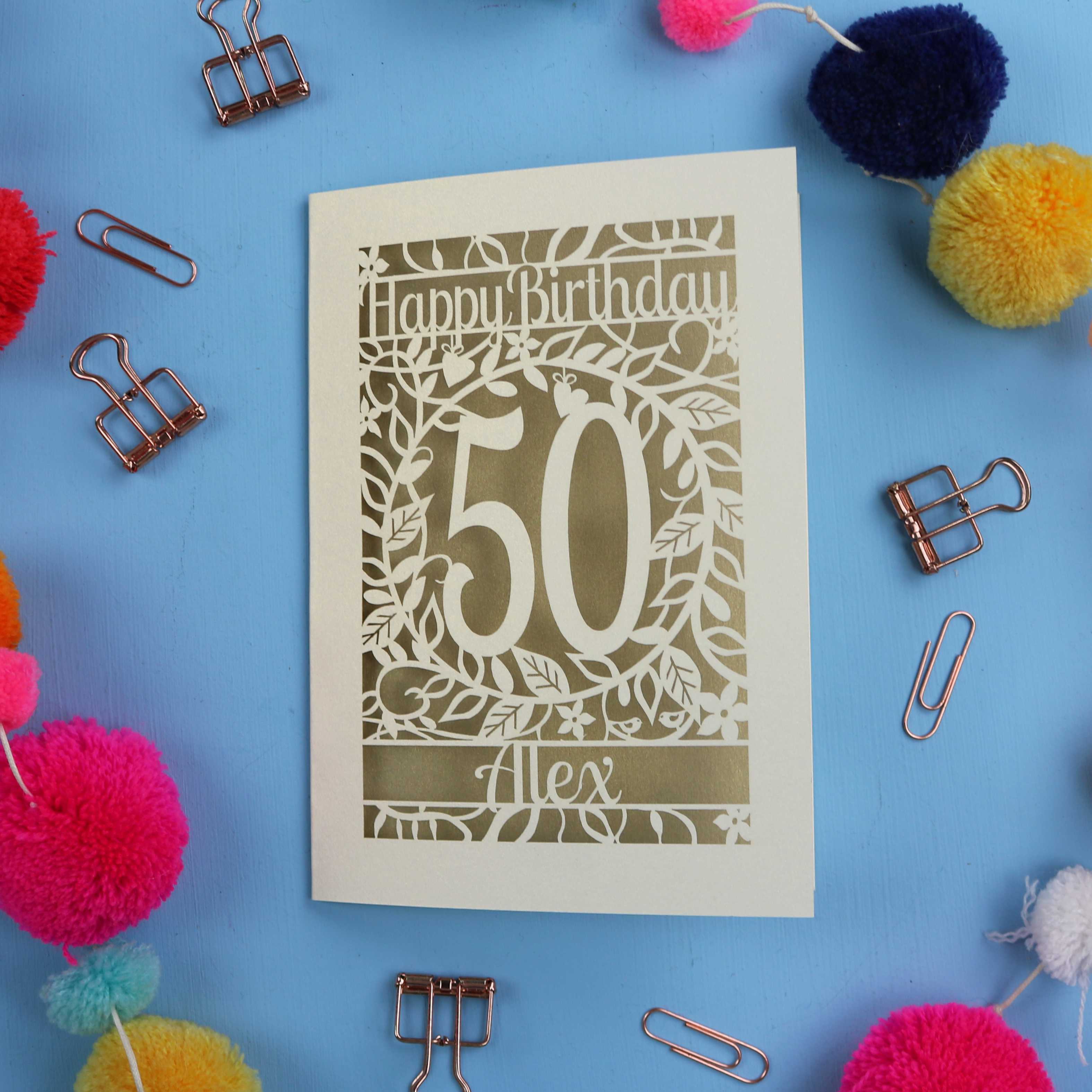 50th Birthday Card – Personalised Laser Cut Flower Design