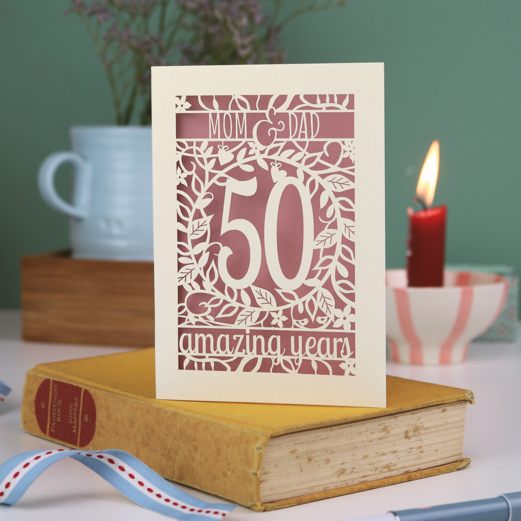 Wedding anniversary Card with 'Mom and Dad, 50 amazing years' on a book with a candle and cup in the background.